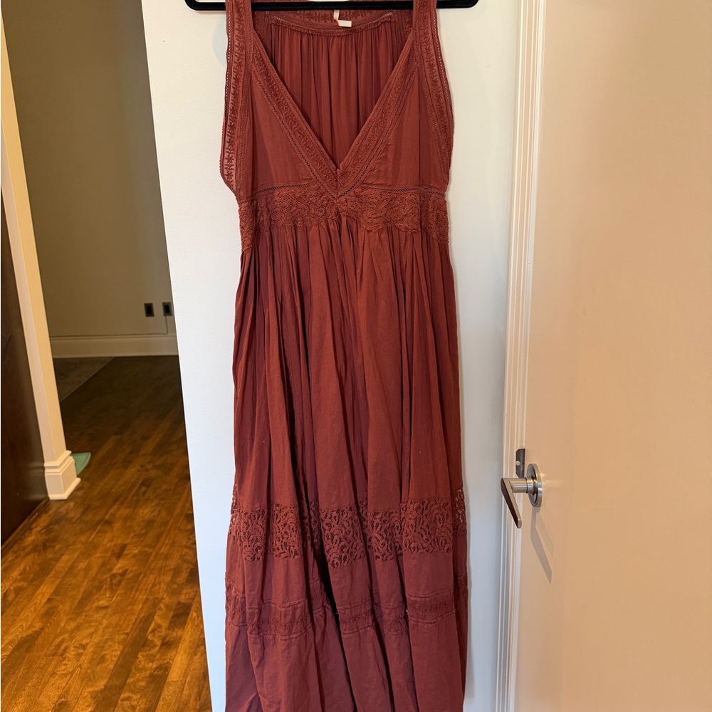 Free People Brick Red V-Neck Lace-Trim Maxi Dress